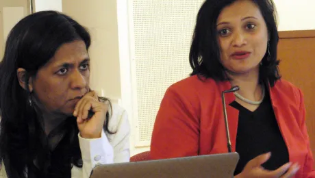 Dr Fatima Seedat (left) and Prof. Sarojini Nadar at the conference which explained how patriarchy and its implications for violence against women has become part of teaching scriptural hermeneutics together in a Christian-Muslim classroom at the University of KwaZulu-Natal, South Africa. Photo: LWF/S. Sinn