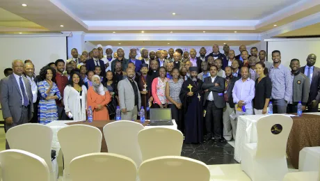 Participants during the October 2018 training of trainersâ workshop in Ethiopiaâs capital Addis Ababa. On the far left, front row, is former EECMY president, Rev. Dr Wakseyoum Idosa, who coordinates the peace project. Photo: EECMY