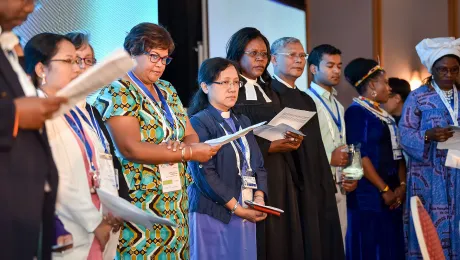 Women's pre-assembly participants deliver their message to the LWF Assembly gathered in Namibia, on 10 May 2017. Photo: LWF/Albin Hillert