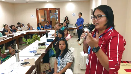 A workshop, hosted by the Lutheran Church in the Philippines, to enhance capacities for diakonia in the South-East Asian region. Jenet Mogimbong, diaconal worker from Malaysia, talks about her churchâs kindergarten project. Photo: LWF/M. DÃ¶lker