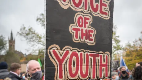 Young people make their voices heard at the COP26 summit in Glasgow, Scotland in November 2021. Photo: LWF/A. HillertÂ 