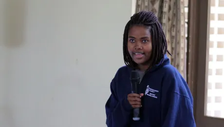 Young reformer Melisa Hove, Evangelical Lutheran Church in Zimbabwe, addressing the 2019 Africa Lutheran Church Leadership Consultation in Moshi, Tanzania. Photo: ALCINET 