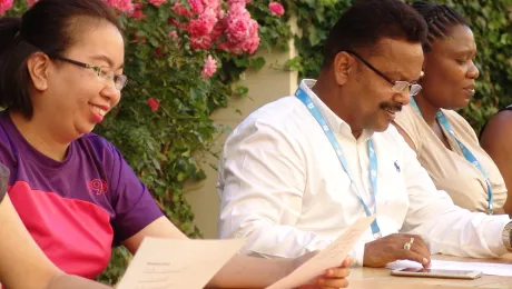 From left: Lay leaders Quelen Angudampai (Malaysia), Manoj Kumar Hial (India) and Mildred Buyiswa Sambane (South Africa) participated in the June 2019 seminar in Wittenberg, Germany. Photo: LWF Center Wittenberg