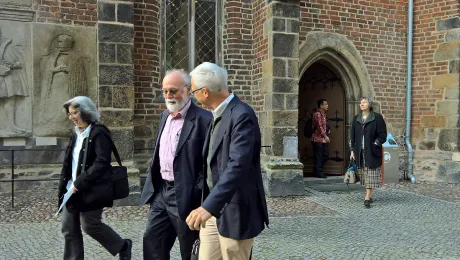 Leaving the morning prayer. From left: Cheryl Peterson, Walter Altmann, Jean-Daniel PlÃ¼ss, Olga Zaprometova and Tham Wan Yee. Photo: LWF/K. Hintikka