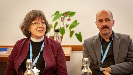 From left to right: Katherine Finegan (USA) and PÃ©ter Kondor (Hungary) during the RoNEL meeting in the Ecumenical Center, Geneva, 19-23 November 2018. Photo: LWF/A. Danielsson