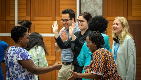 The LWF co-organizes an annual training for faith-based organizations on advocacy for womenâs human rights, in Geneva. A group of participants in the 2019 event take part in a role-play session on collecting information at community level. Photo: LWF/ S. Gallay 