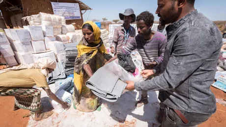 LWF staff distribute IMO-sponsored non-food items at the Wada IDP site in Seweyna woreda, Oromia province. The Lutheran World Federation supports internally displaced people in several regions of Ethiopia. Photo: LWF/ Albin Hillert