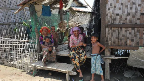 A Rohingya family in an IDP camp in Pauktaw, near Sittwe. LWF, among others, runs informal learning spaces and trains teachers to provide education for the displaced children. Photo: LWF/ C. KÃ¤stner