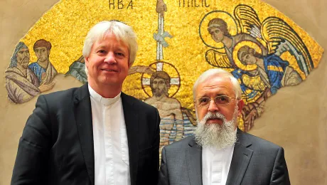 During a visit to the LWF, German Bishops Dr Karl-Hinrich Manzke (Lutheran) and Dr Gerhard Feige (Catholic) expressed great appreciation for the growing relationships between Lutherans and Catholics globally and locally. Photo: LWF/S. Gallay