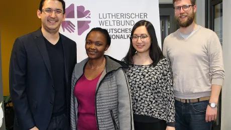 Beneficiaries of the GNC/LWF scholarship program: (from left) Daniel Jara (Ecuador), Elizabeth Silayo (Tanzania), Michelle Wong (Malaysia) and Sebastian Dallmann (Germany). Photo: LWF/A. WeyermÃ¼ller