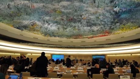 Ceiling of the UN Human Rights Council, by Spanish painter Miquel BarcelÃ³. Photo: LWF/C. KÃ¤stner