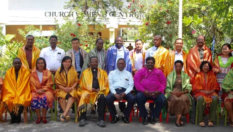 Indian shawls, a gift from UELCI staff to delegates from Africa and Asia, jointly reviewing the LWF HICD frameworks, during the meeting in Chennai. Photo: LWF/Immanuel