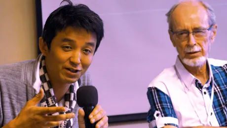 Japanese theologian Rev. Dr Arata Miyamoto speaks at the interfaith consultation where Pof. Notto R. Thelle from Norway (right) encouraged openness to the wisdom and experiences of other religions. Photo: LWF/I. Benesch