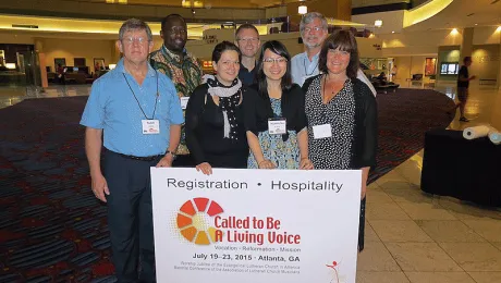 Rev. Dr Stephen Larson, back right, with other members of the worship planning committee celebrating worship music at Living Voices, in Atlanta, United States. Photo: Rev. Dr Benjamin Stewart