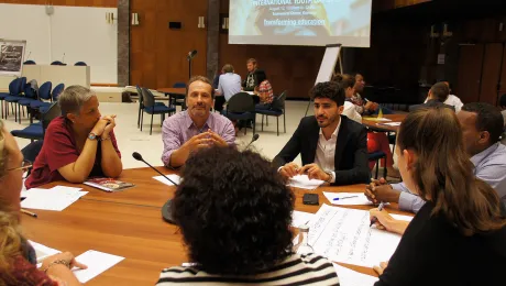 Young people discussed migration, unemployment, climate and gender justice and the challenges of radical extremism at the International Youth Day event in the ecumenical Center, co-hosted by WCC, WCSF and LWF. Photo: LWF/ C. KÃ¤stner