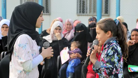 Girls perform in a play against gender-based violence at the Peace Oasis in Za'atari refugee camp. Photo: LWF Jordan