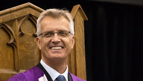  LWF General Secretary Rev. Dr Martin Junge smiles during the afternoon convocation ceremony at Wilfrid Laurier University in Waterloo, Ontario, Canada, during which he received an Honorary Doctor of Divinity degree. Photo: Waterloo Lutheran Seminary