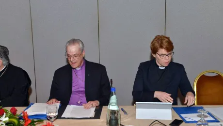 Lutheran-Orthodox Joint Commission co-chairperson Bishop emeritus Dr Christoph Klein (left) and Rev. Dr Kaisamari Hintikka, LWF Assistant General Secretary for Ecumenical Relations, at the Rhodes meeting. Photo: Koufos Images