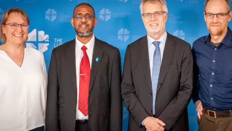 LWF and Islamic Relief Worldwide offered a joint pledge at the Global Refugee Forum in December 2019. From left: Ms Maria Immonen, Director of LWF World Service, Mr. Naser Haghamed, CEO of Islamic Relief Worldwide, Rev. Dr Martin Junge, General Secretary of the LWF, Mr Atallah Fitzgibbon, Faith Partnership Advisor for Islamic Relief Worldwide. Photo: LWF/S. Gallay