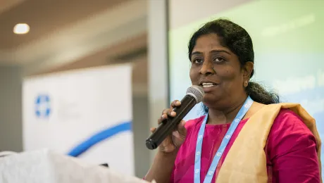 Rev. Caroline Christopher, from the Arcot Lutheran Church in India, leads a Bible study on 'freedom and fruit of the Spirit' at the global consultation on Lutheran Identities in Addis Ababa from 23 to 27 October 2019. Photo: LWF/Albin Hillert