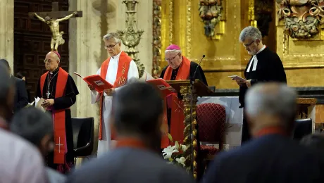 From left: Ricardo Cardinal BlÃ¡zquez, President of the Spanish Episcopal Conference, LWF General Secretary Rev. Dr Martin Junge, Bishop Dr Brian Farrell, Secretary of the Pontifical Council for Promoting Christian Unity and Rev. Pedro Zamora, pastor of the Spanish Evangelical Church. Photo: Pontifical University of Salamanca