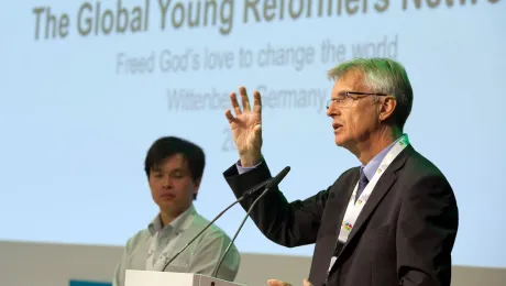 LWF General Secretary Rev. Dr Martin Junge tells young reformers at Wittenberg to live out Godâs call for mission and service in the world. Photo: LWF/Marko Schoeneberg 