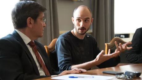 During COP 21 meetings in Paris, Former LWF Climate Justice Advocacy Officer, Martin Kopp, discusses key issues of climate justice with faith leaders and ecumenical partners. Photo: LWF