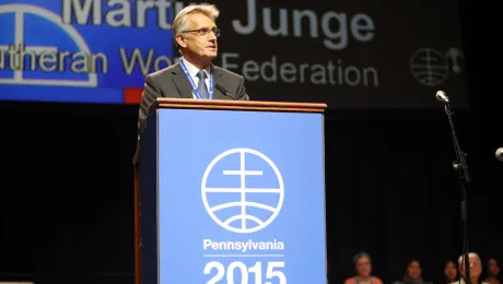 Rev. Dr Martin Junge addresses the Mennonite World Conference, saying the forgiveness of Mennonites brought Lutherans and Mennonites closer together to serve the world. Photo: Jon Carlson for Mennonite World Conference