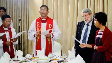 The commemoration of the 500th Reformation anniversary in Myanmar included a worship service, symposium and a common meal in Yangon. From the left: Rev. Peter Hoi Be, Myanmar Lutheran Church general secretary and Bishop Dr Andrew Mang Lone; LWF regional representative for Southeast Asia, Mr David Mueller and Ms Beth Mueller. Photo: LWF Myanmar/Isaac Htun.