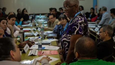 Deacon Elaine Grannum from the Evangelical Lutheran Church in Guyana addressing participants on issues of mission in the LAC and North America Leadership Conference 2018.  Photo: LWF/Eugenio Albrecht