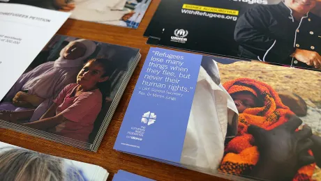 Refugees lose many things, but never their human rights: LWF and UNHCR visibility material at the panel discussion. Photo: LWF/ A. Danielsson