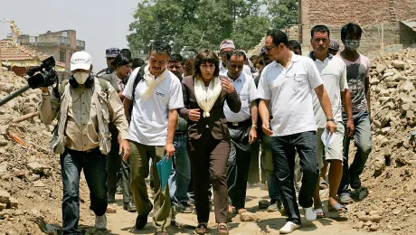 Dutch foreign trade and development cooperation minister Lilianne Ploumen visits the relief work of the Lutheran World Federation Nepal in Indrayani village. Photo: LWF Nepal