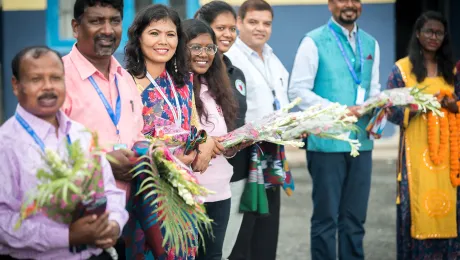 LWF staff and members of the Nepal Evangelical Lutheran Church await the arrival of LWF general secretary Rev. Dr Martin Junge at Biratnagar airport, Nepal. Photo: LWF/Albin Hillert