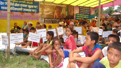 Refugee children demonstrating playcards for their rights on the World Refugee Day 2018. Photo: LWF Nepal.