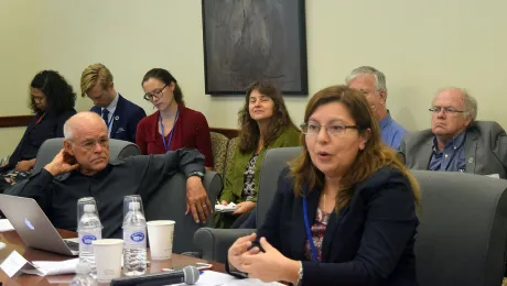 Caption: Ms Elena Cedillo, representative of the LWF Central America program, speaks at a side event of the UN High Level Political Forum 2017 in New York. On the left is Dr William F. Vendley, Secretary General, World Conference of Religions for Peace. Photo: Lutheran Office for World Community