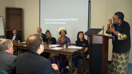 Rev. Suzanne Membe Matale addresses a panel on âTaxation and Reparation: Tools for promoting equity, climate justice & an economy of lifeâ at a side event during a 2019 UN High-Level Political Forum on the SDGs. Photo: ELCA/Rebecca Anderson