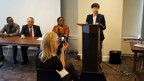 LWF Vice-President Ms Eun-hae Kwon, introducing LWFâs interfaith approaches in advocating for climate justice, at a session of the Interfaith Summit on Climate Change in New York. Photo: LWF