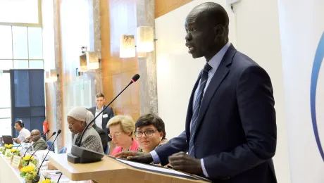 LWF Assistant General Secretary for International Affairs and Human Rights, Dr Ojot Miru Ojulu addresses the Geneva conference. Photo: WCC/Ivars Kupcis