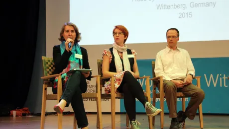 Cap: The panel comprising Judith KÃ¶nigsdÃ¶rfer (WCC), Erin Clark (Church of England), FrÃ¨re Jasper (TaizÃ©) discuss the necessity of ecumenism, at the global gathering of young Lutherans, Workshop Wittenberg. Photo: DNK/LWB/F. HÃ¼bner