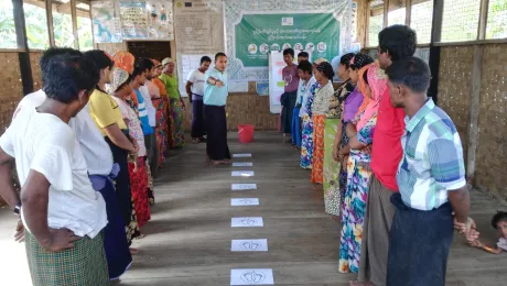 Potential entrepreneurs participate in an exercise about business risks during a training on entrepreneurship development, held at Thae Chaung IDP camp in Sittwe township, Myanmar. Photo: LWF/ Maung Nyien Naing