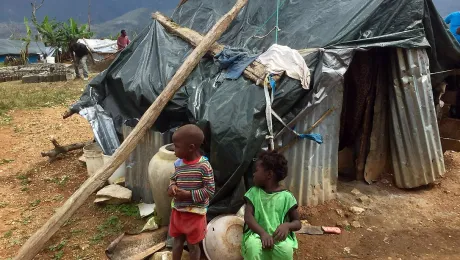 Like the family of Polonne Jean-Louis, many people still live in makeshift shelters after hurricane Matthew destroyed their homes. Photo: LWF/M. French