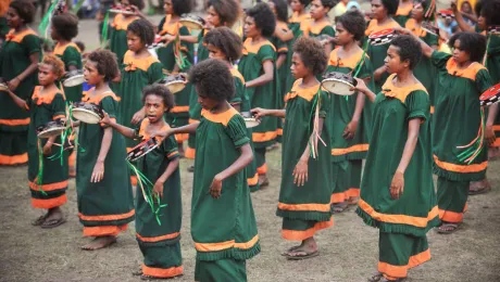 Contemporary music draws young people to ELCN-PNG workshops. Girls from Ngagiob parish perform a tambourine dance, a creative method of explaining biblical stories. Photo: LWF/M. Renaux