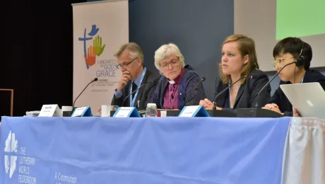 The LWF General Secretary and Council members reflected on the Council at the press conference. From left: General Secretary Martin Junge, Archbishop Antje JackelÃ©n, Anna-Maria Klassen and Eun-hae Kwon. Photo: LWF/Marie Renaux