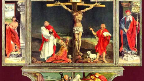 The Isenheim Altarpiece painted by Matthias GrÃ¼newald in 1512â1516 showing Jesus' crucifiction. It was GrÃ¼newald's greatest and largest work, painted for the Monastery of St Anthony in Isenheim near Colmar, France. Credit: Public domain