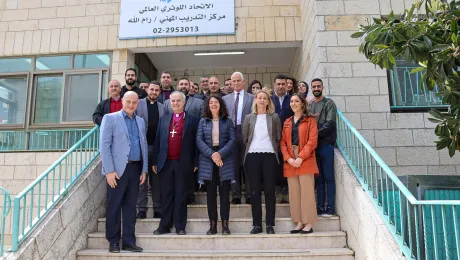 Outside LWF's vocational training center in Ramallah â front row from left, program director Yousef Shalian, Bishop Ibrahim Azar, LWF Representative Sieglinde Weinbrenner, LWF Regional Program Coordinator Caroline Tveoy and Heather Platt from Canadian Lutheran World Relief. The ELCJHLâs director of education Dr Charlie Haddad and the ELCAâs Rev. Gabi Aelabouni are behind them. All photos: Abd Al Rahman Hadidi