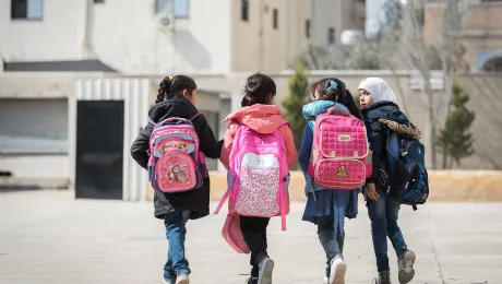 A group of girls head to a school in Jordanâs Sahab district that is supported by LWF for both Jordanian and Syrian children. Photo: LWF/Albin Hillert