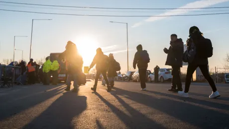 Refugee families from Ukraine make for the bus that is to take them from the VyÅ¡nÃ© NemeckÃ© border crossing between Slovakia and Ukraine and further into Slovakia, on 11 March. The VyÅ¡nÃ© NemeckÃ© border crossing connects Slovakia with the city of Uzhgorod in Ukraine. The crossing sees up to some 10,000 refugees arrive each day since Russia began its invasion of Ukraine. A range of faith-based, civil society and humanitarian organizations provide immediate support to refugees as t