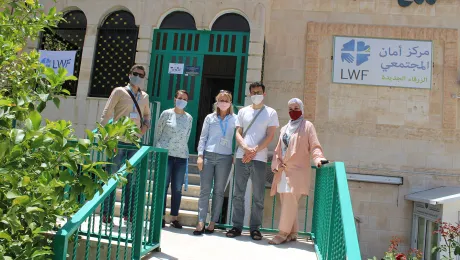 Erik Siegl from Czech Diaconia with LWFâs Caroline Tveoy and staff from the World Service team in Jordan outside the Aman community center in Zarqa. All photos: LWF/Jordan