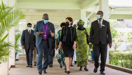 LWF General Secretary Rev. Anne Burghardt visits the Kilimanjaro Christian Medical Centre. Here, in conversation with ELCT Presiding Bishop Dr Fredrick Shoo (left) and KCMC executive director Prof. Gileard Masenga (right). All photos: LWF/Albin Hillert