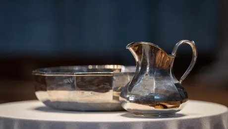 16 June 2019, Geneva, Switzerland: Flagon and font are placed in the Saint Peter's Cathedral, Geneva, in remembrance that 'in baptism, we have been incorporated into the one body of Christ'. Leaders of Lutheran, Roman Catholic, Methodist, Reformed and Anglican global church bodies celebrated the 20th anniversary of the historic Joint Declaration on the Doctrine of Justification. Photo: LWF/Albin Hillert